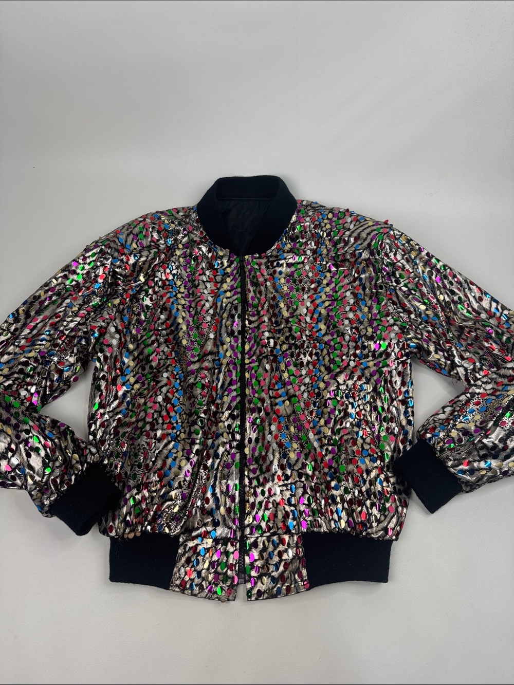 Vintage 80s iridescent Sequin Bomber Jacket Multicolor Zip up Size Large Lined